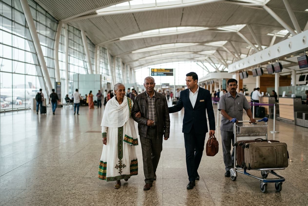 An older couple are walked through a departures hall by a greeter, with a porter pushing their luggage