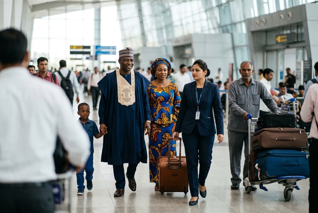 A family in traditional dress walk through the terminal with a greeter, a porter pushing their luggage