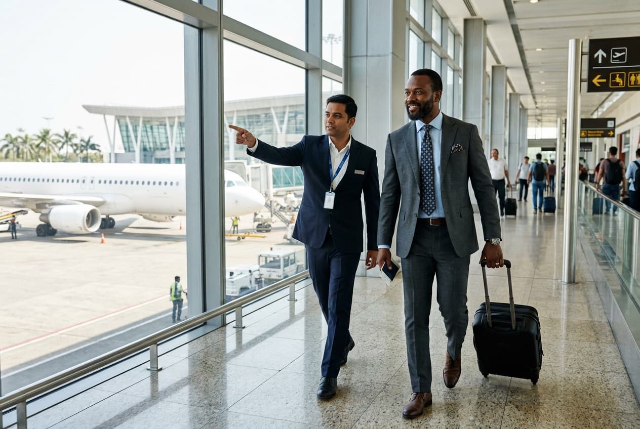 A greeter points the way for a traveller with a carry-on bag in an airport corridor, aircraft parked outside the windows
