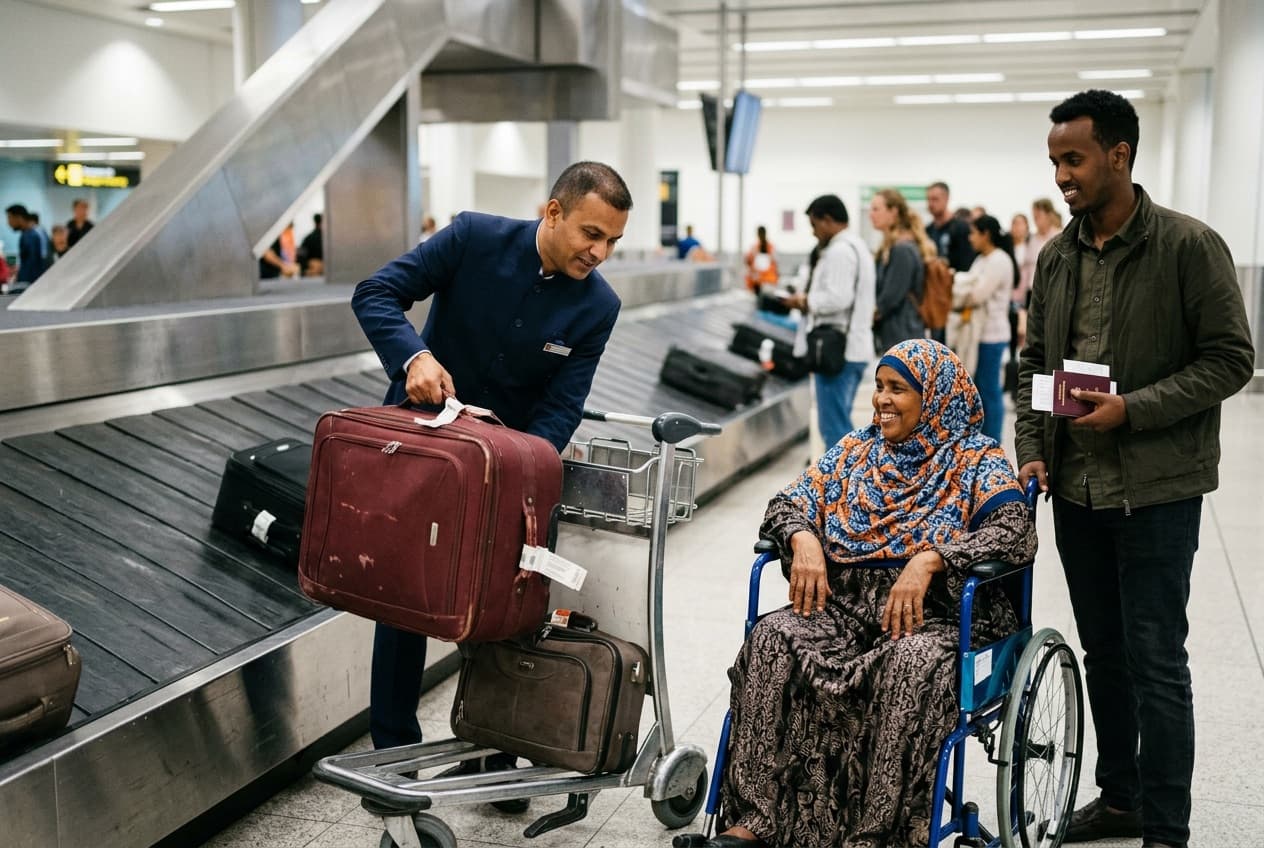 At the baggage belt a greeter lifts a suitcase onto a trolley for a woman in a wheelchair while her son holds the passports